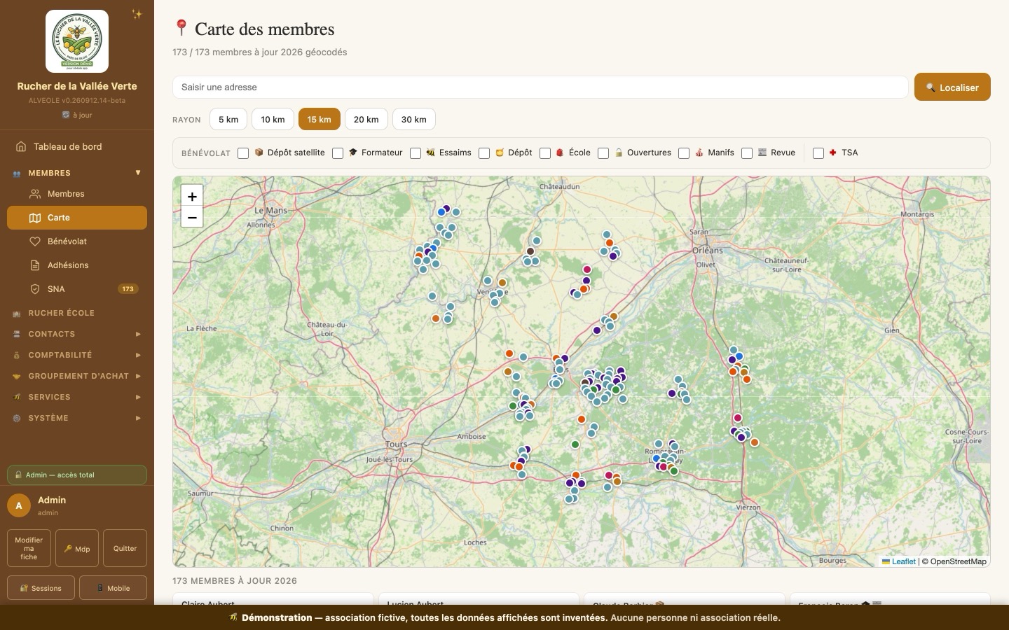 Carte des ruchers — copie d'écran d'Alvéole App